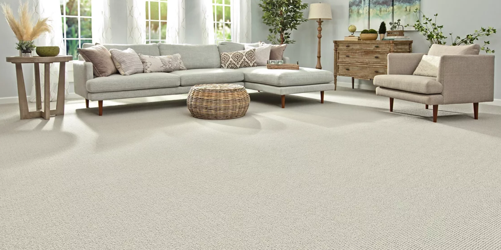 Beige Everstrand Carpet flooring in an open concept living room