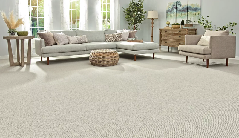 Beige Everstrand Carpet flooring in an open concept living room